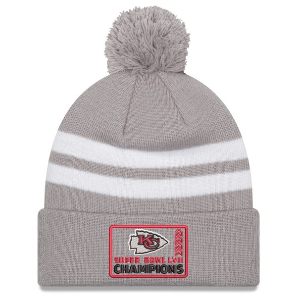mens new era gray kansas city chiefs super bowl lvii champions top stripe cuffed pom knit hat Collection | Chiefs Shop NFL Jerseys & Hats