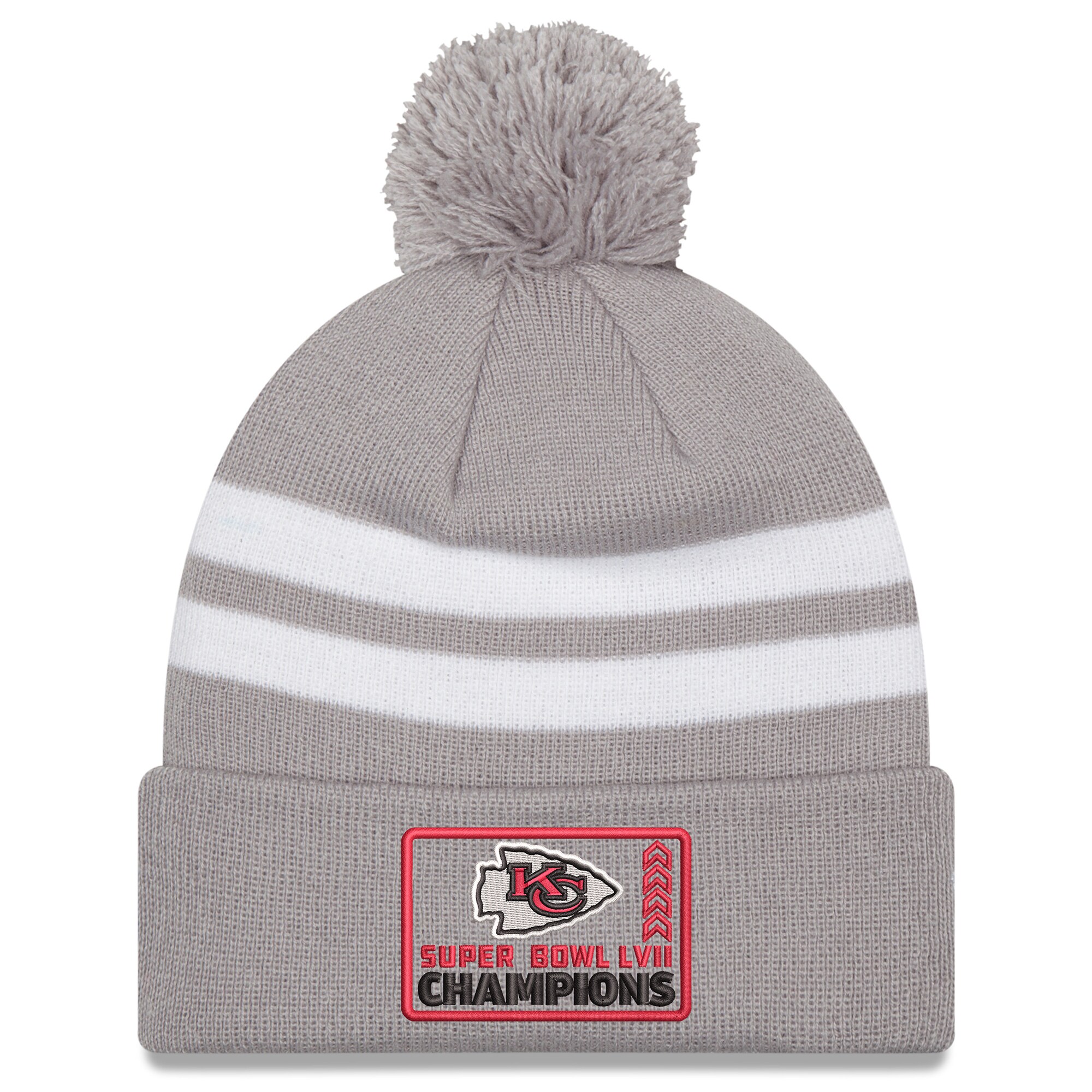 mens new era gray kansas city chiefs super bowl lvii champions top stripe cuffed pom knit hat Collection | Chiefs Shop NFL Jerseys & Hats